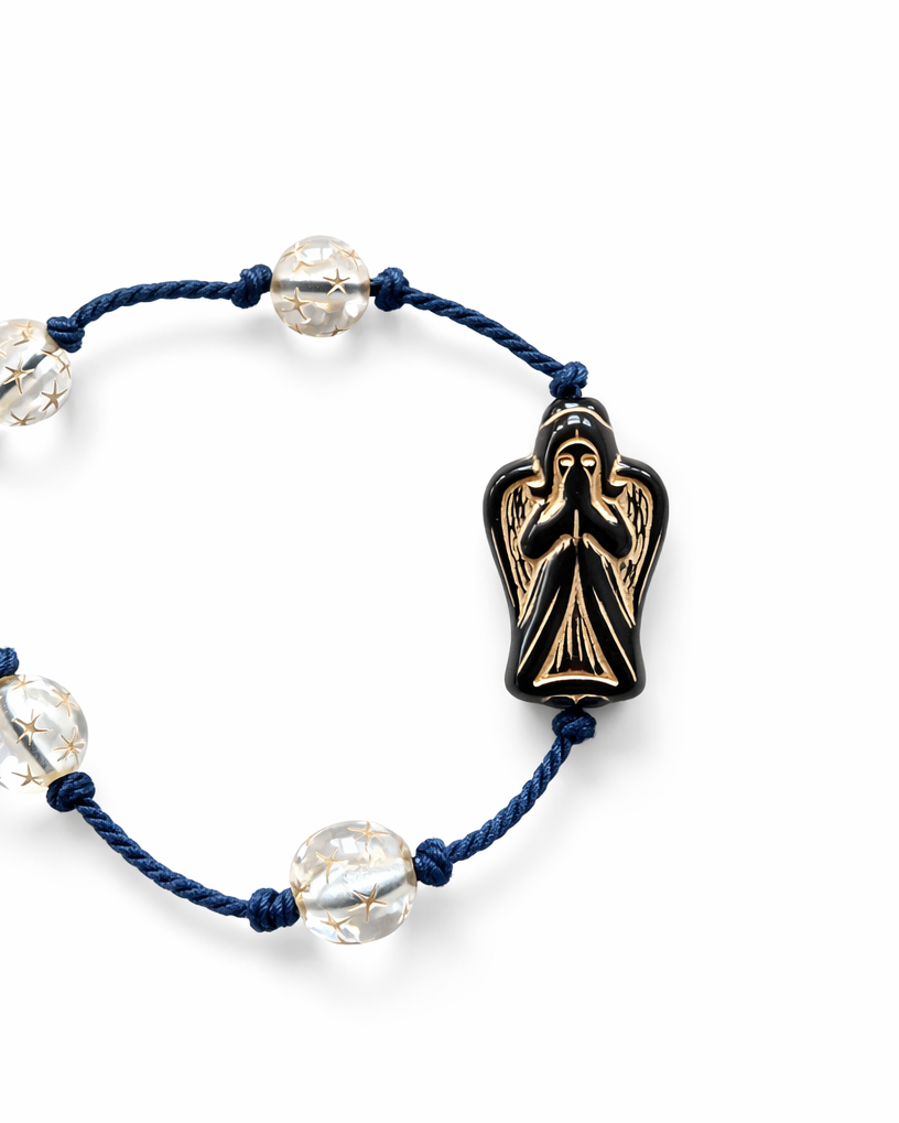 Anther House Bracelet with prayer bead and clear beads on a white background Handmade in Philadelphia