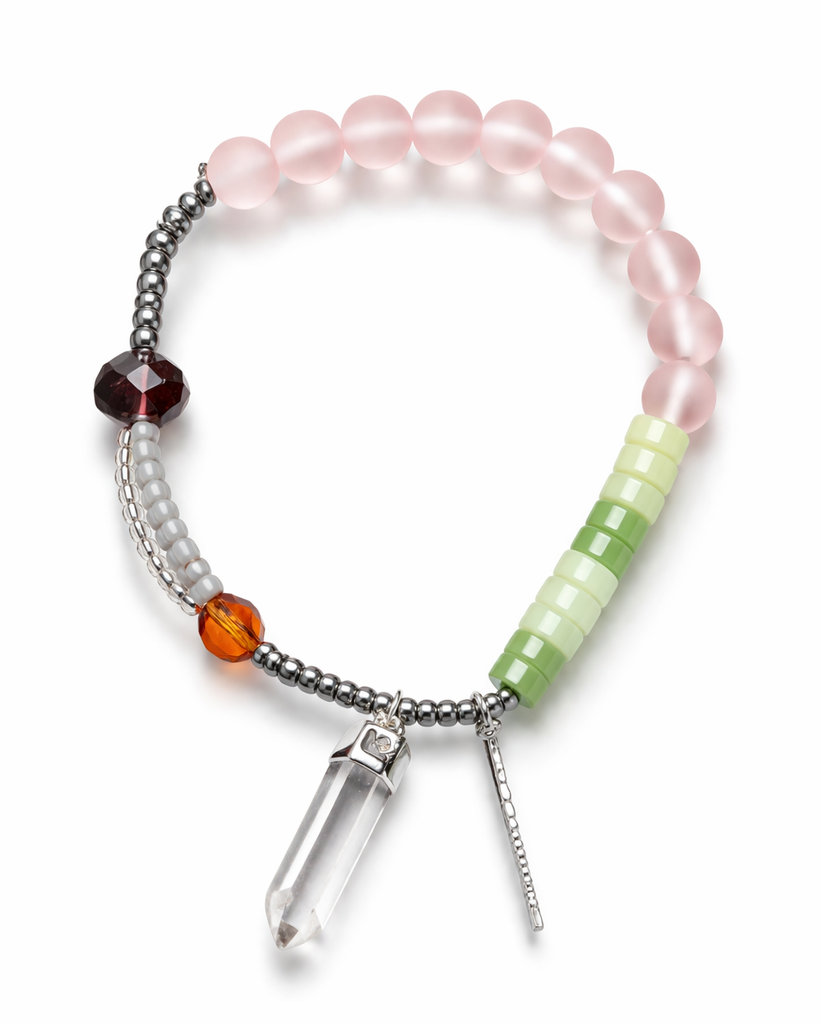 Anther House Multicolored beaded bracelet with crystal charm on a white background Handmade in Philly