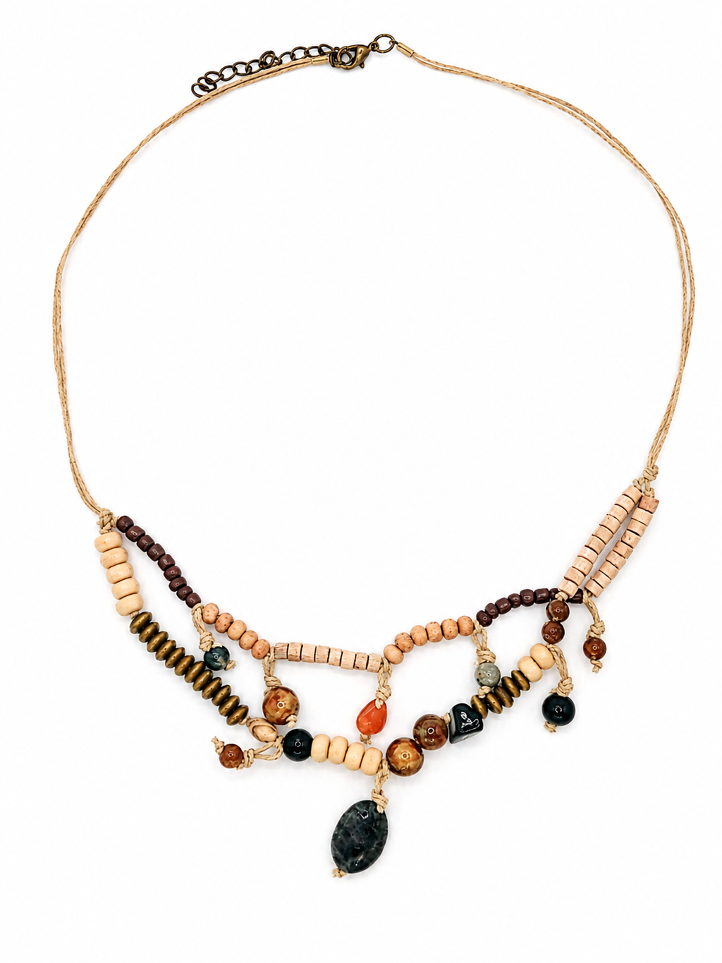 Handcrafted mixed bead necklace with natural cord, layered artisan details, earthy tones, and unique charm accents