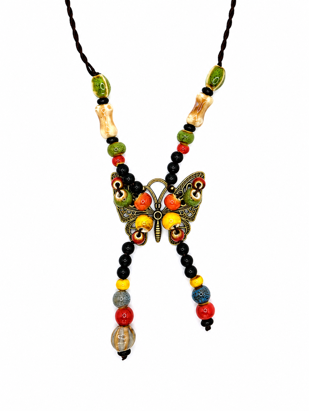 Handcrafted butterfly bead necklace with colorful mixed beads, dark cord, and vintage-inspired artisan charm centerpiece
