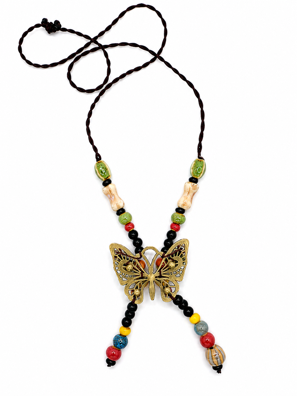 Handcrafted butterfly bead necklace with colorful mixed beads, dark cord, and vintage-inspired artisan charm centerpiece