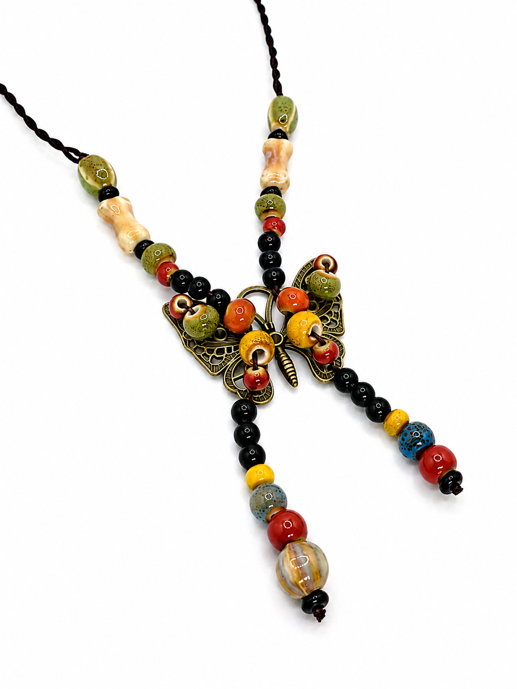 Handcrafted butterfly bead necklace with colorful mixed beads, dark cord, and vintage-inspired artisan charm centerpiece