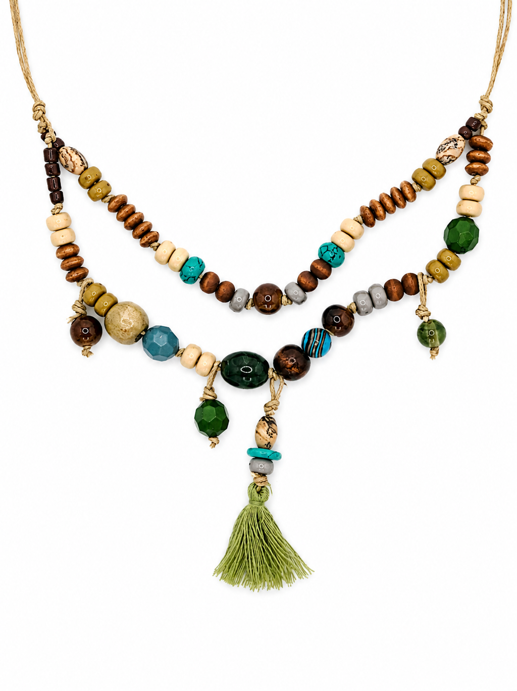 Handcrafted mixed bead tassel necklace with earthy tones, natural textures, and artisan cord construction