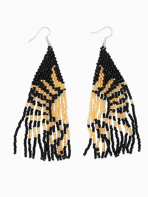 Handwoven Black & Gold Seed Bead Earrings featuring geometric pattern, long fringe design, and silver-tone hooks