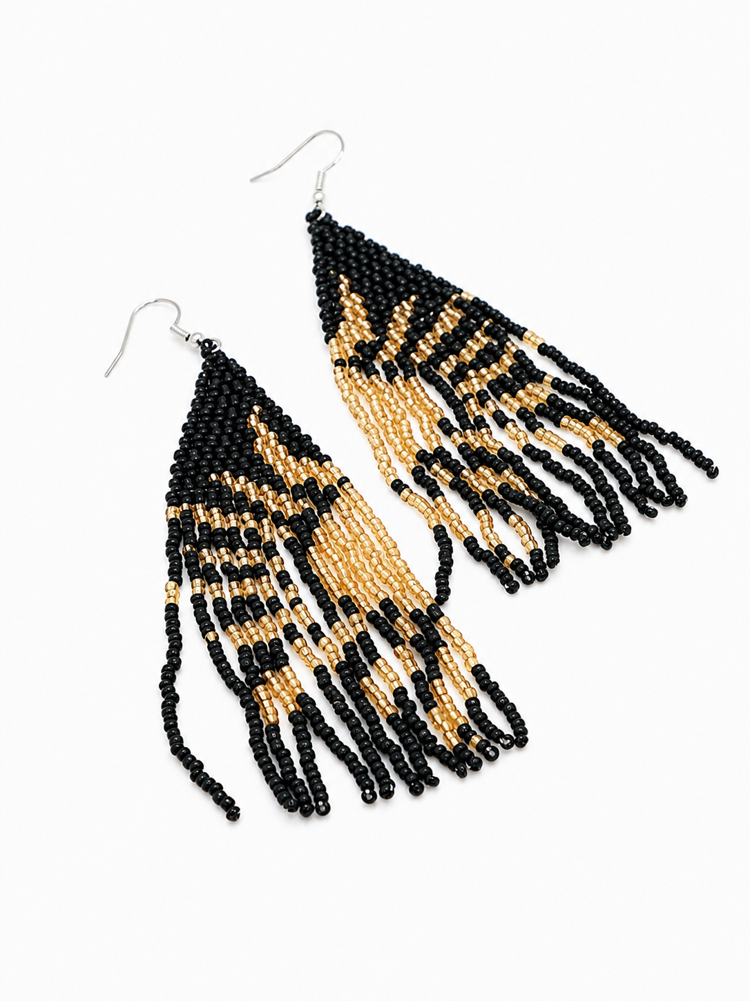 Handwoven Black & Gold Seed Bead Earrings featuring geometric pattern, long fringe design, and silver-tone hooks