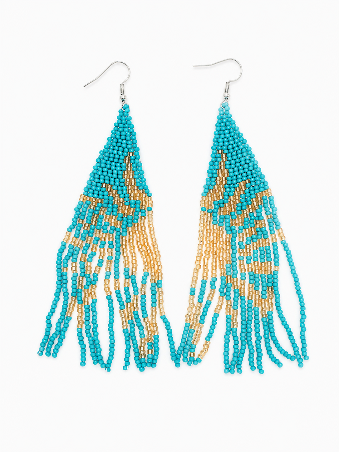 Turquoise and gold beaded earrings on a white background