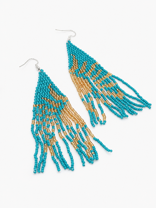 Turquoise and gold beaded fringe earrings on a white background