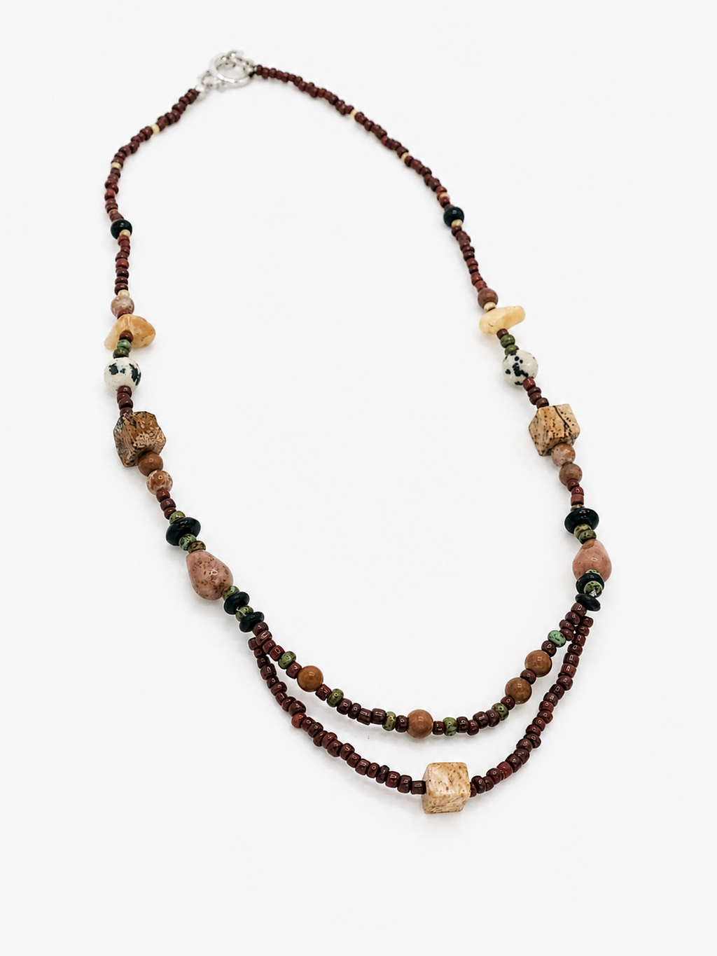 Earthy Natural Stone Beaded Necklace with handmade layered design, mixed beads, and silver-tone toggle closure