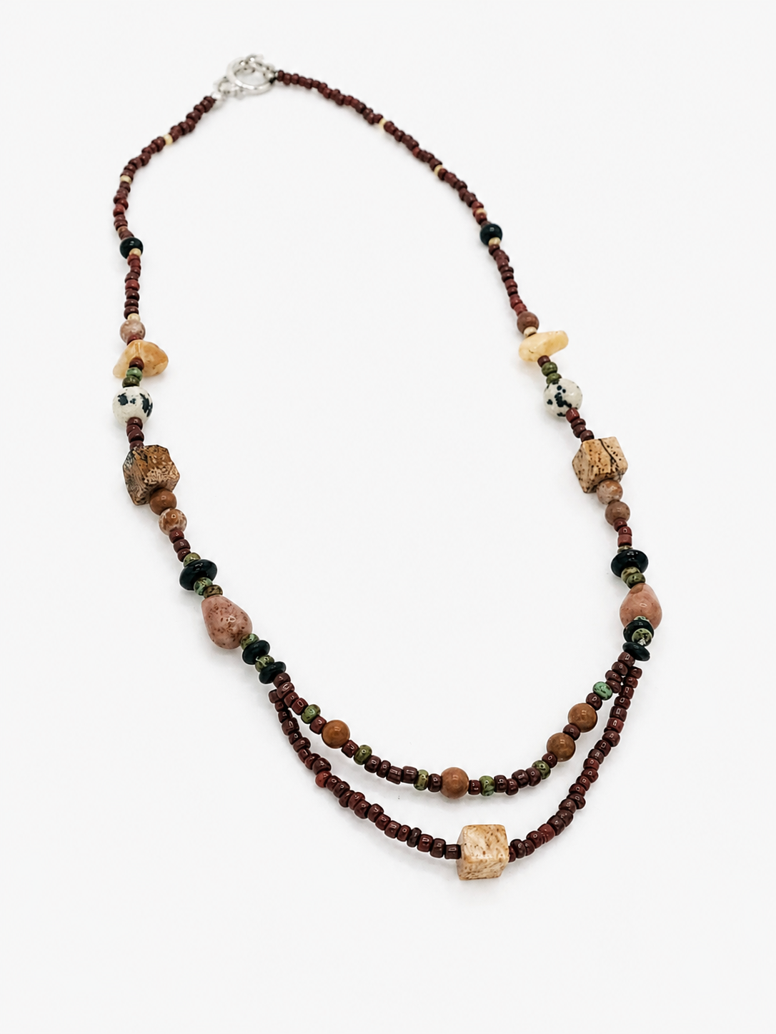 Earthy Natural Stone Beaded Necklace with handmade layered design, mixed beads, and silver-tone toggle closure