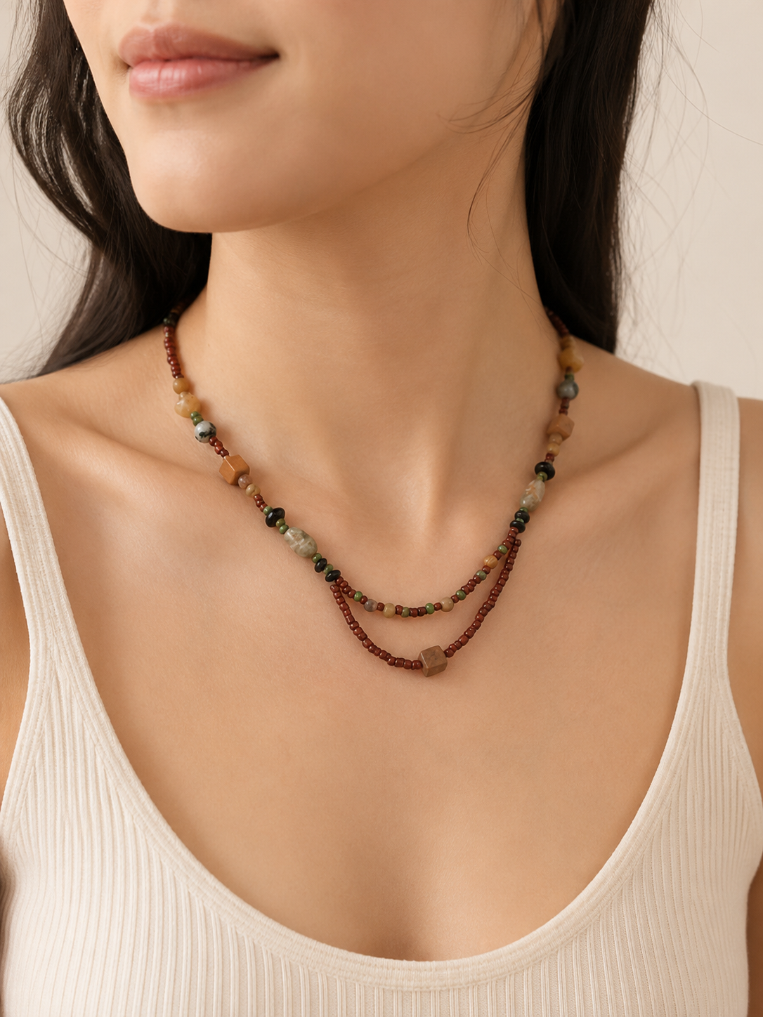 Earthy Natural Stone Beaded Necklace with handmade layered design, mixed beads, and silver-tone toggle closure