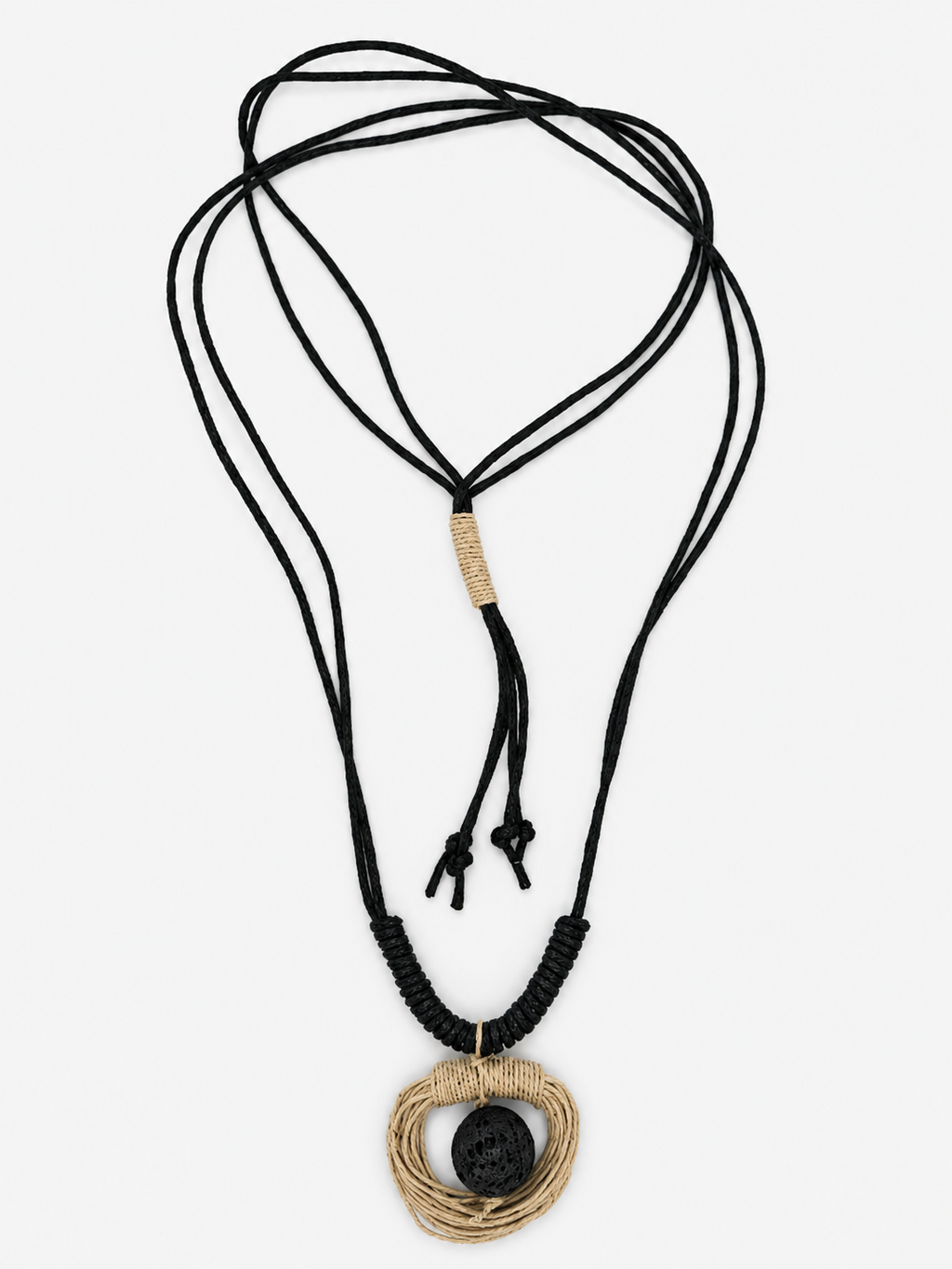 Handwoven Cord & Lava Stone Necklace with black adjustable cord, natural fiber pendant, and artisan wrapped details