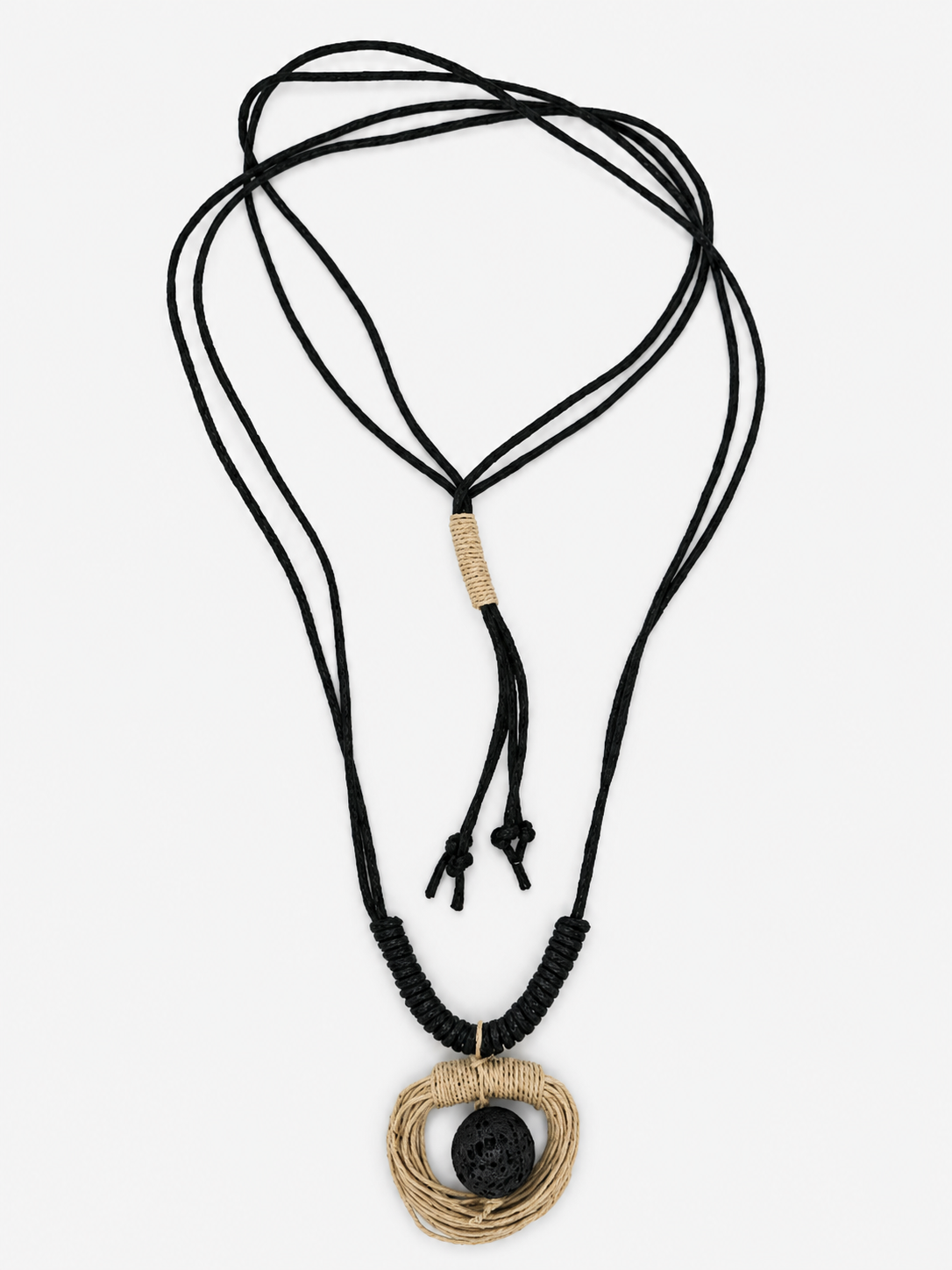 Handwoven Cord & Lava Stone Necklace with black adjustable cord, natural fiber pendant, and artisan wrapped details