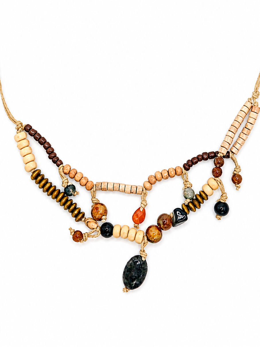 Handcrafted mixed bead necklace with natural cord, layered artisan details, earthy tones, and unique charm accents