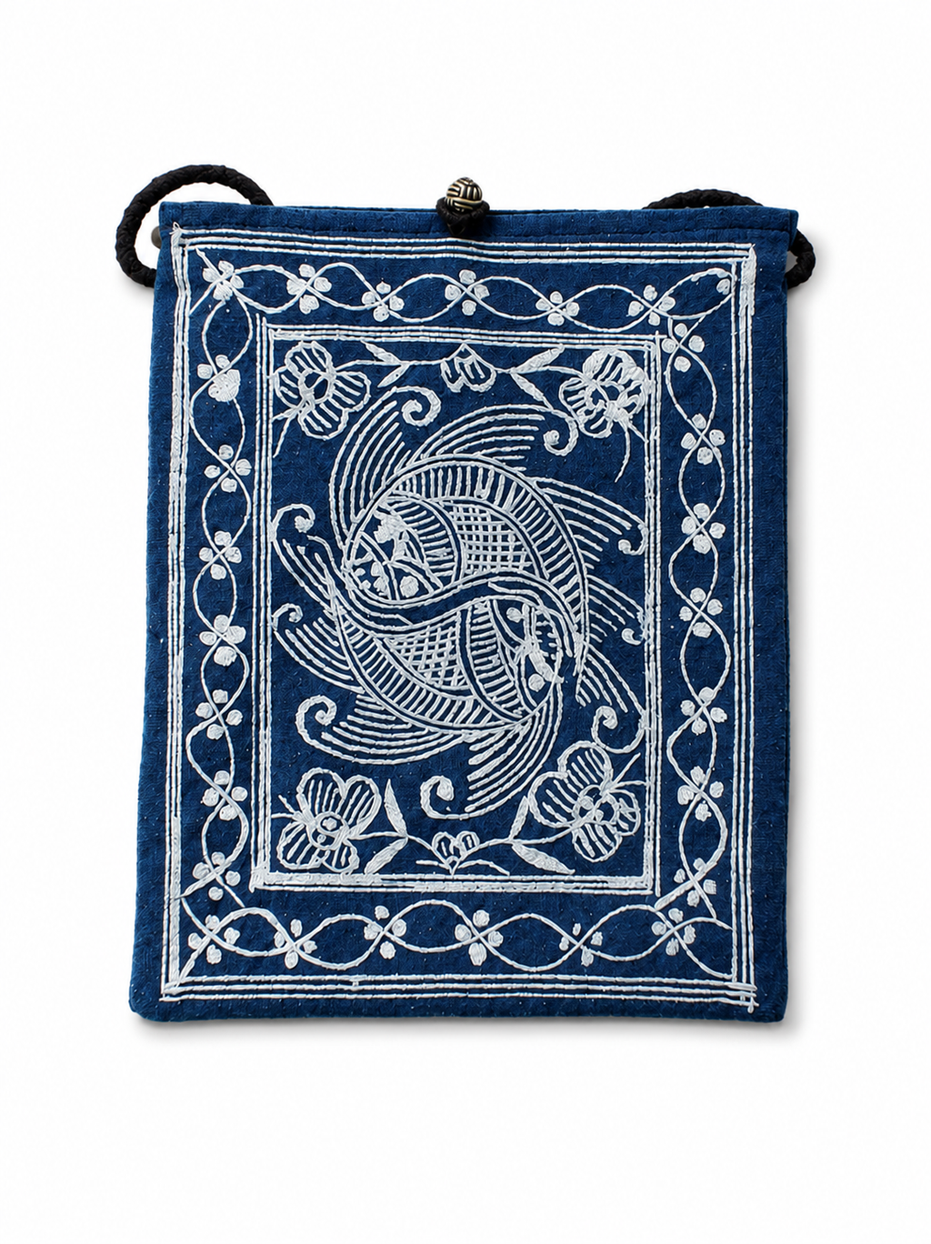 Indigo dyed artisan textile pouch featuring Chinese heritage inspired patterns, woven details, and vintage style closure