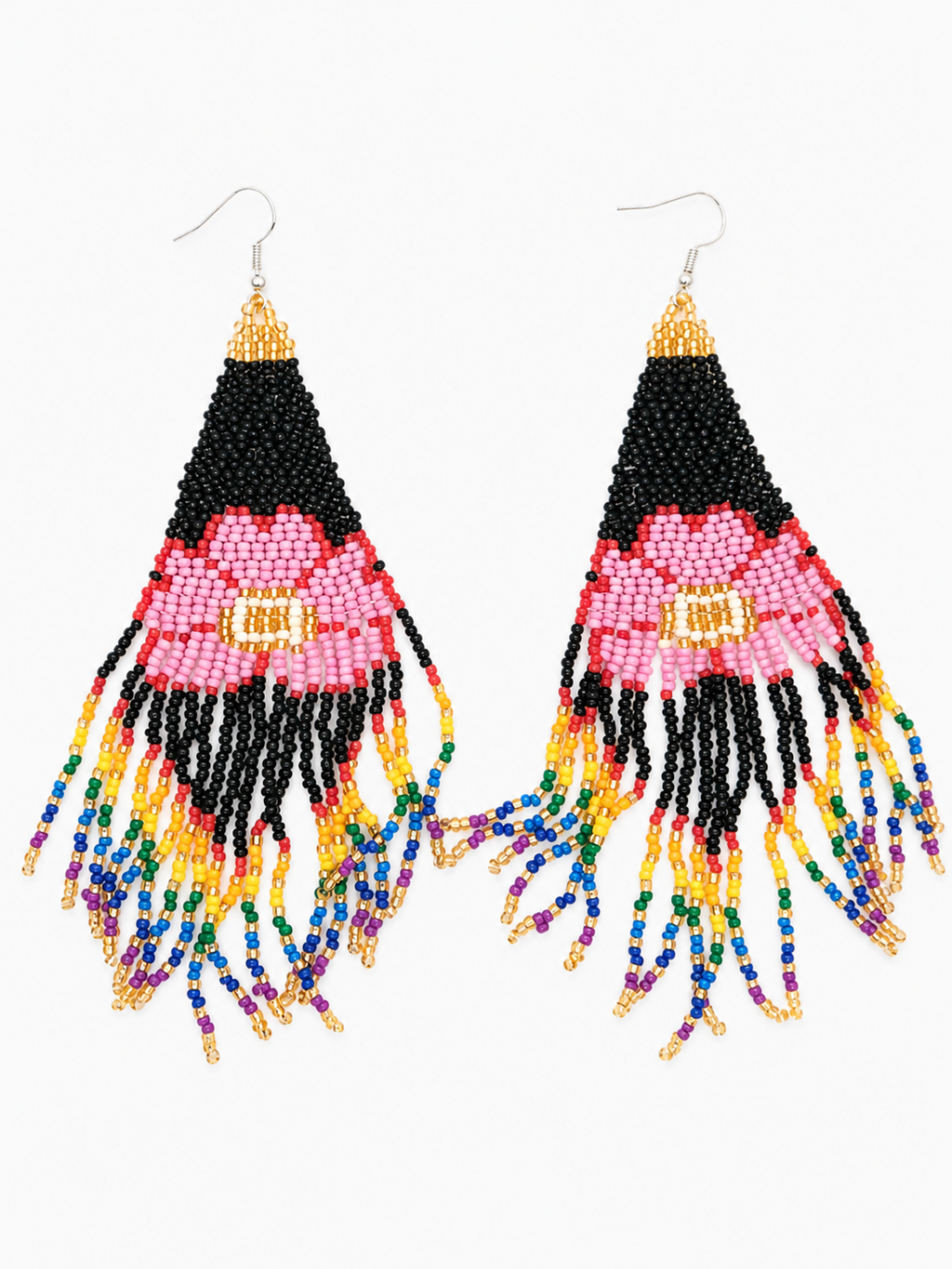 Handwoven Seed Bead Fringe Earrings featuring colorful floral pattern, dangling design, and silver-tone hooks