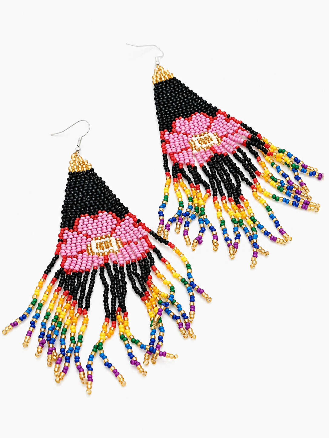 Handwoven Seed Bead Fringe Earrings featuring colorful floral pattern, dangling design, and silver-tone hooks