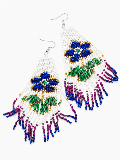 Blue Hibiscus Flower Beaded Earrings