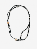 Black Stone & Cord Beaded Necklace featuring handmade layered design, textured beads, and knotted cord details