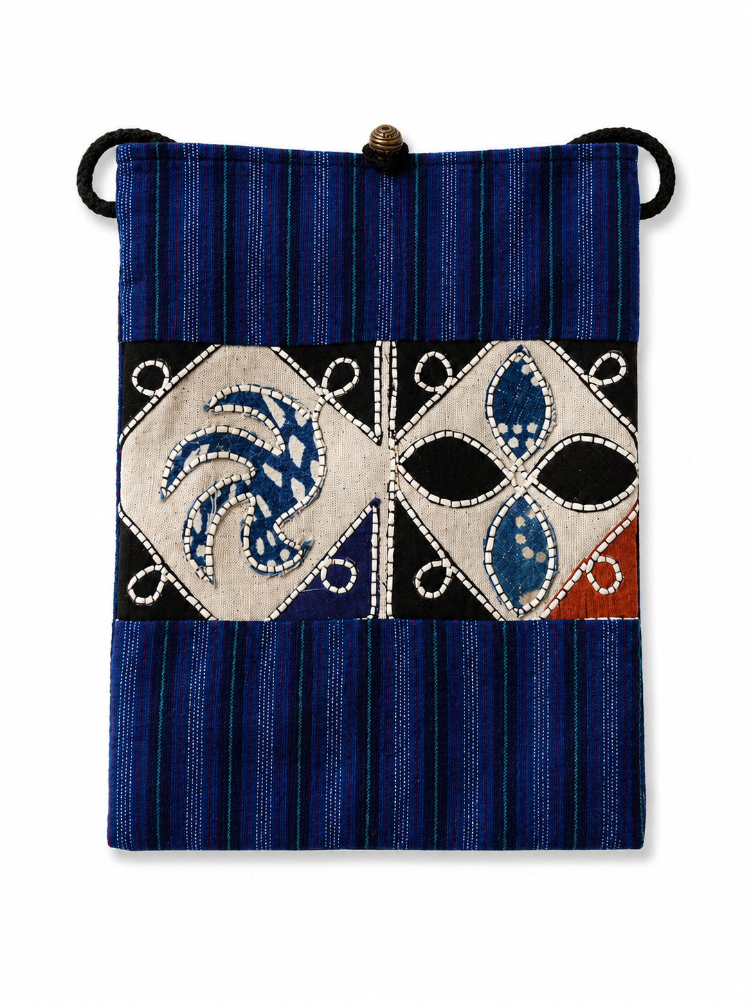 Indigo dyed artisan textile pouch featuring Chinese heritage inspired patterns, woven details, and vintage style closure