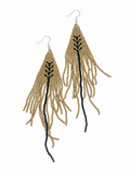 Handwoven Neutral Seed Bead Earrings with beige and black beadwork, long fringe design, and silver-tone hooks