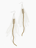Handwoven Neutral Seed Bead Earrings with beige and black beadwork, long fringe design, and silver-tone hooks