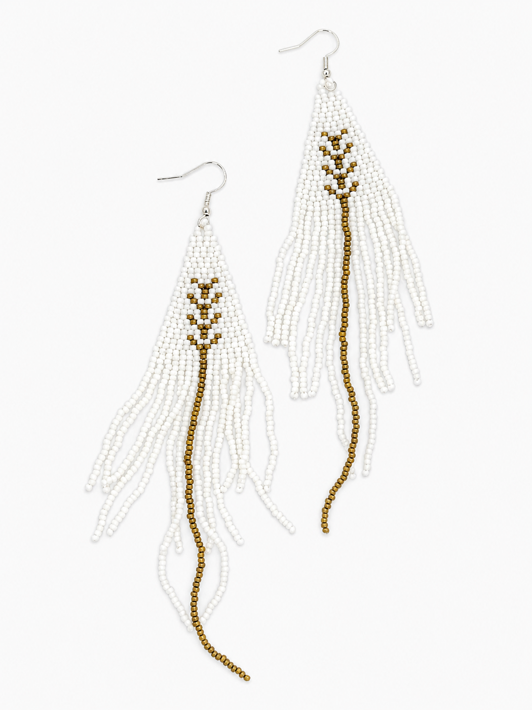 Handwoven Neutral Seed Bead Earrings with beige and black beadwork, long fringe design, and silver-tone hooks